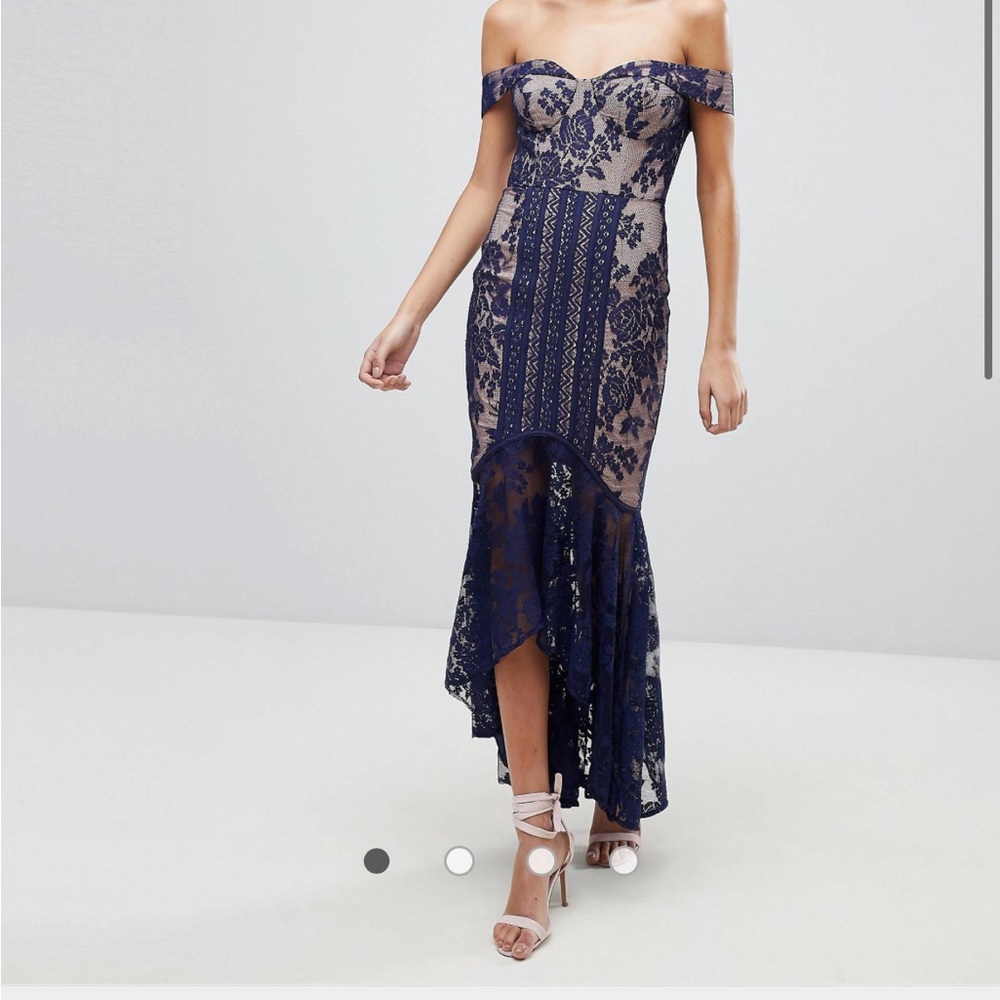 ASOS Jarlo All Over Lace Off Shoulder Fishtail Midi Dress in Navy